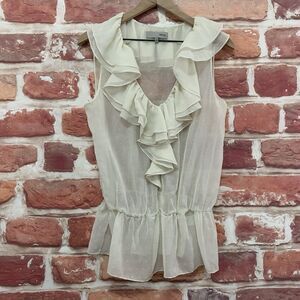 Heed Top Shirt Women's Large Cream Polka Dot Chic Ruffle Sheer Popover